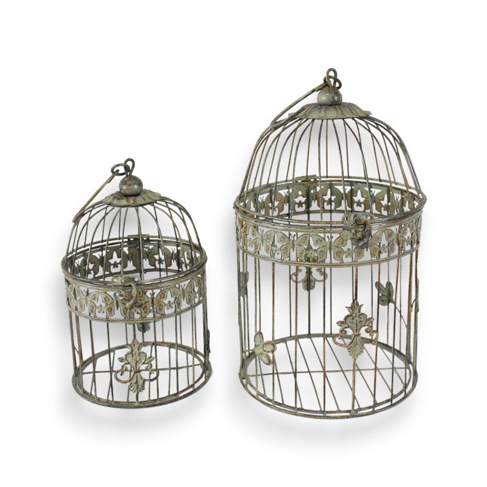 Ensemble 2 cages décoratives ronde à suspendre en métal vert patiné 19x40cm