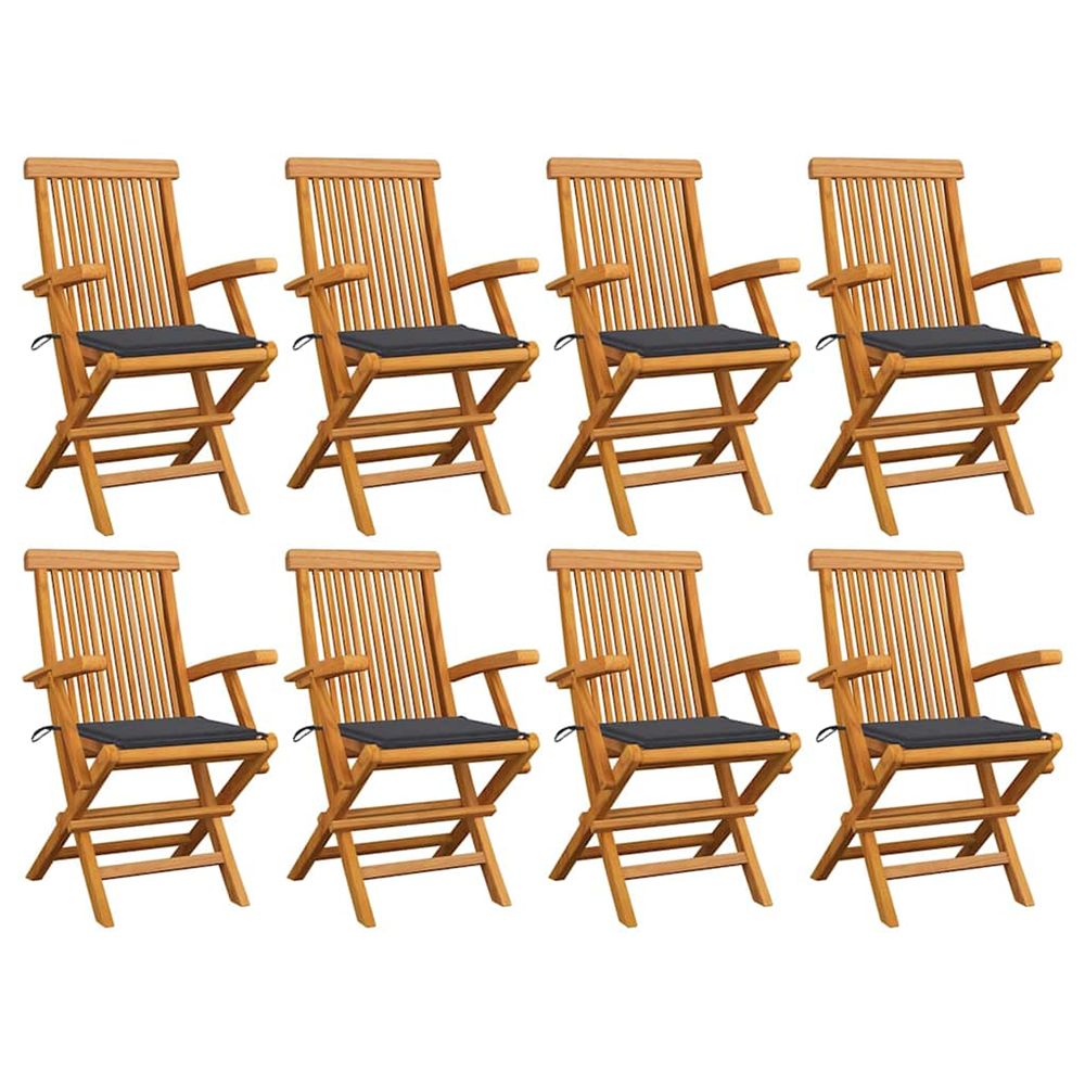 Chaises pliantes avec coussins anthracite, 8 pièces, en teck massif