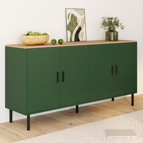 Buffet 160 cm kelia 4 portes vert kaki et plateau bois