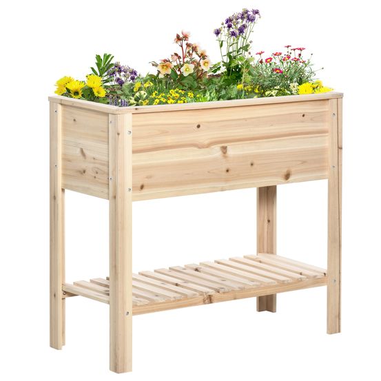 Potager surélevé bois de sapin 90x40x81 cm naturel avec étagère et drainage