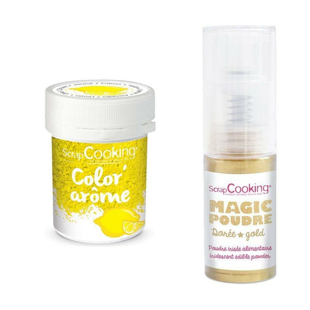 Colorant alimentaire jaune arôme citron + poudre alimentaire irisée dorée