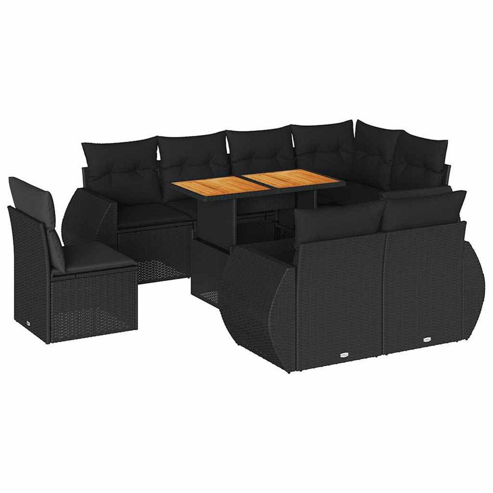 Salon de jardin 9 pcs avec coussins noir résine tressée