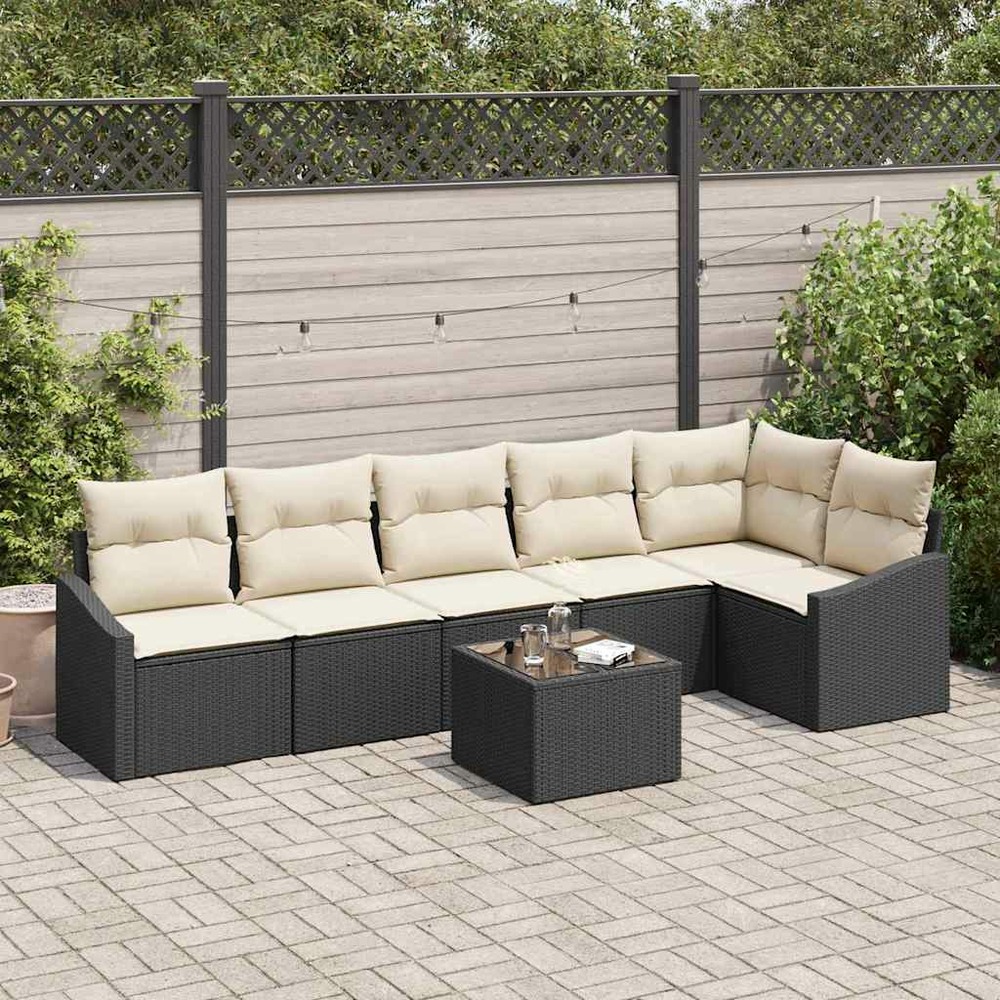 Ensemble de canapés avec coussin 7 pcs noir polyrotin