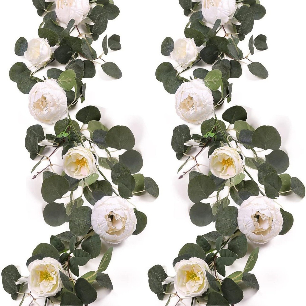 Vigne de fleurs artificielles de pivoine et de feuilles d'eucalyptus pour mariage blanc 2 pièces dtopbuyage