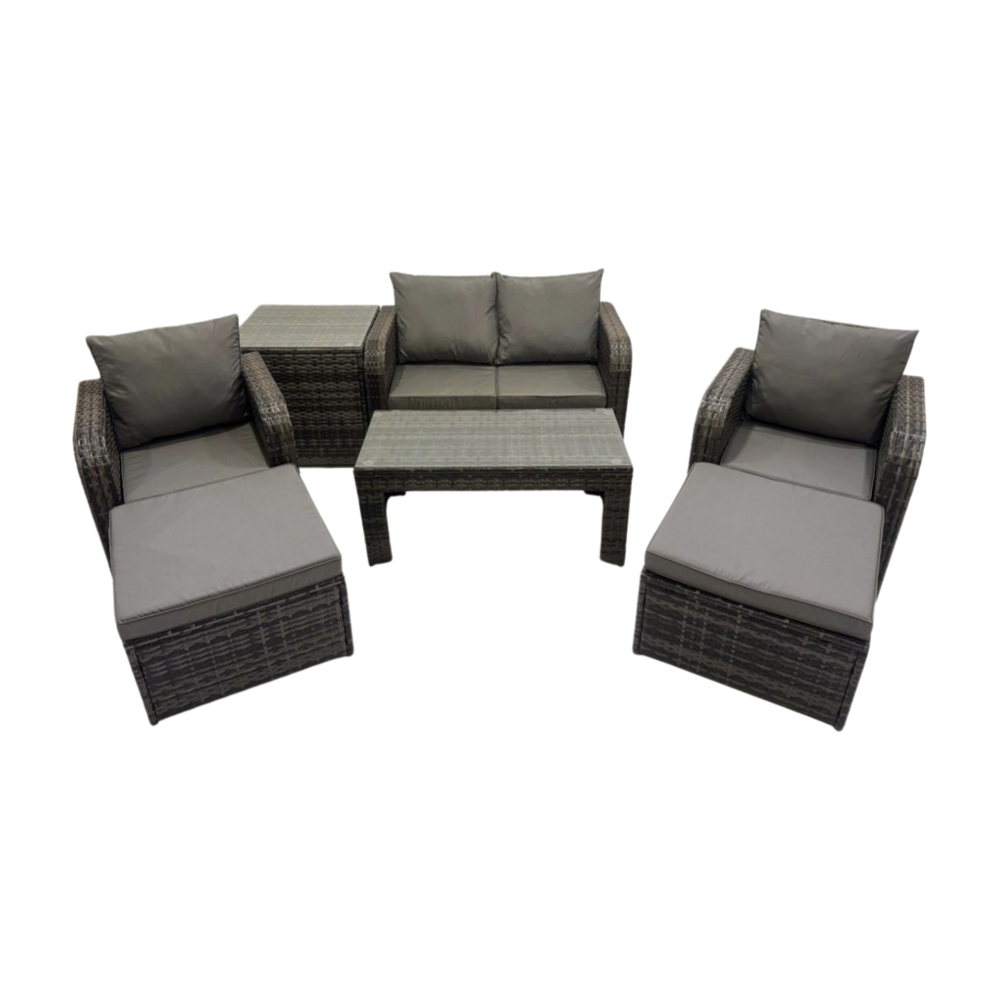 Salon de jardin avec chaise inclinable table basse table d'appoint 2 grand tabourets gris foncé mixte