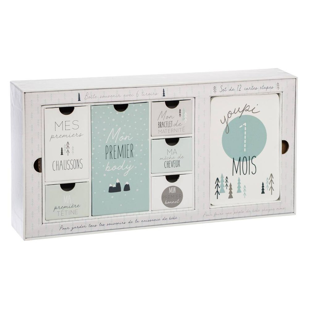 Coffret de naissance souvenirs 6 tiroirs ppr et 12 cartes