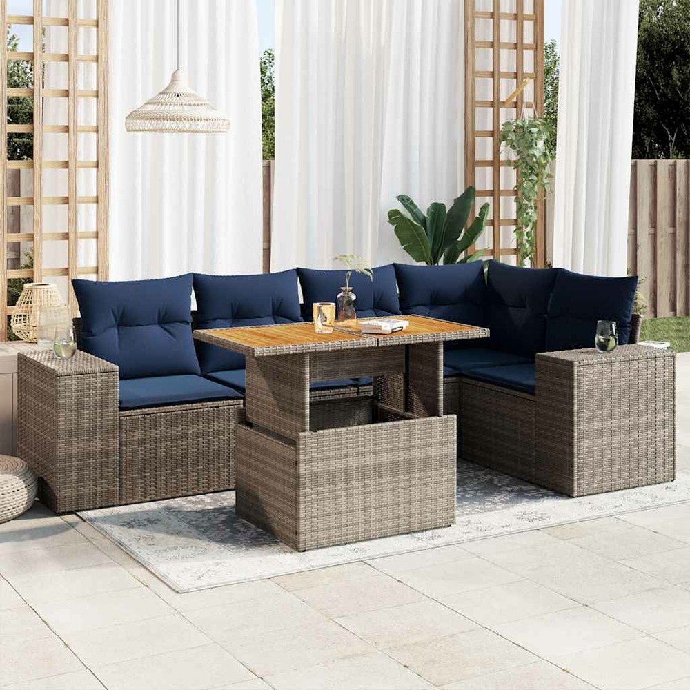 Salon de jardin 6 pcs avec coussins gris résine tressée
