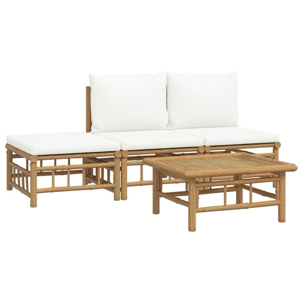 Salon de jardin meuble d'extérieur ensemble de mobilier 4 pièces avec coussins blanc crème bambou
