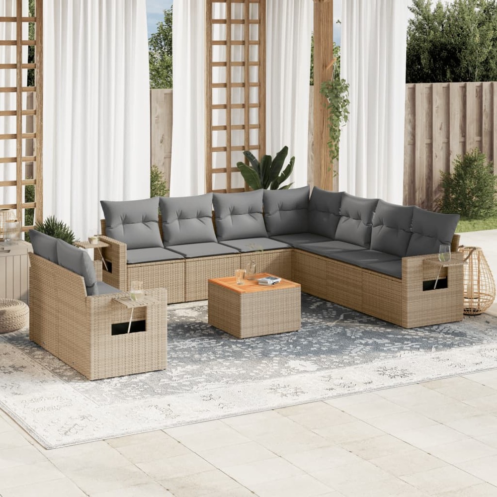 Salon de jardin avec coussins 10 pcs beige résine tressée