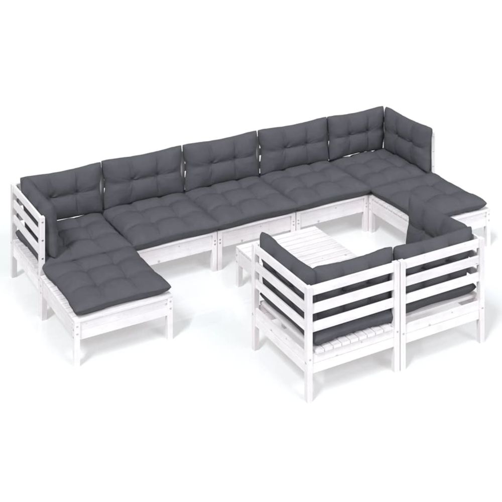 Salon de jardin 10 pcs avec coussins blanc bois de pin massif