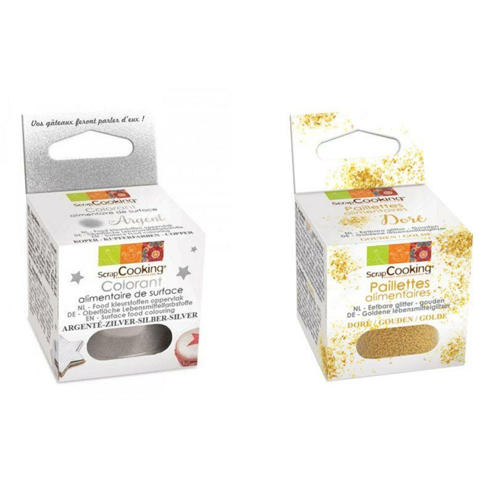Colorant alimentaire de surface en poudre argenté + paillettes dorées