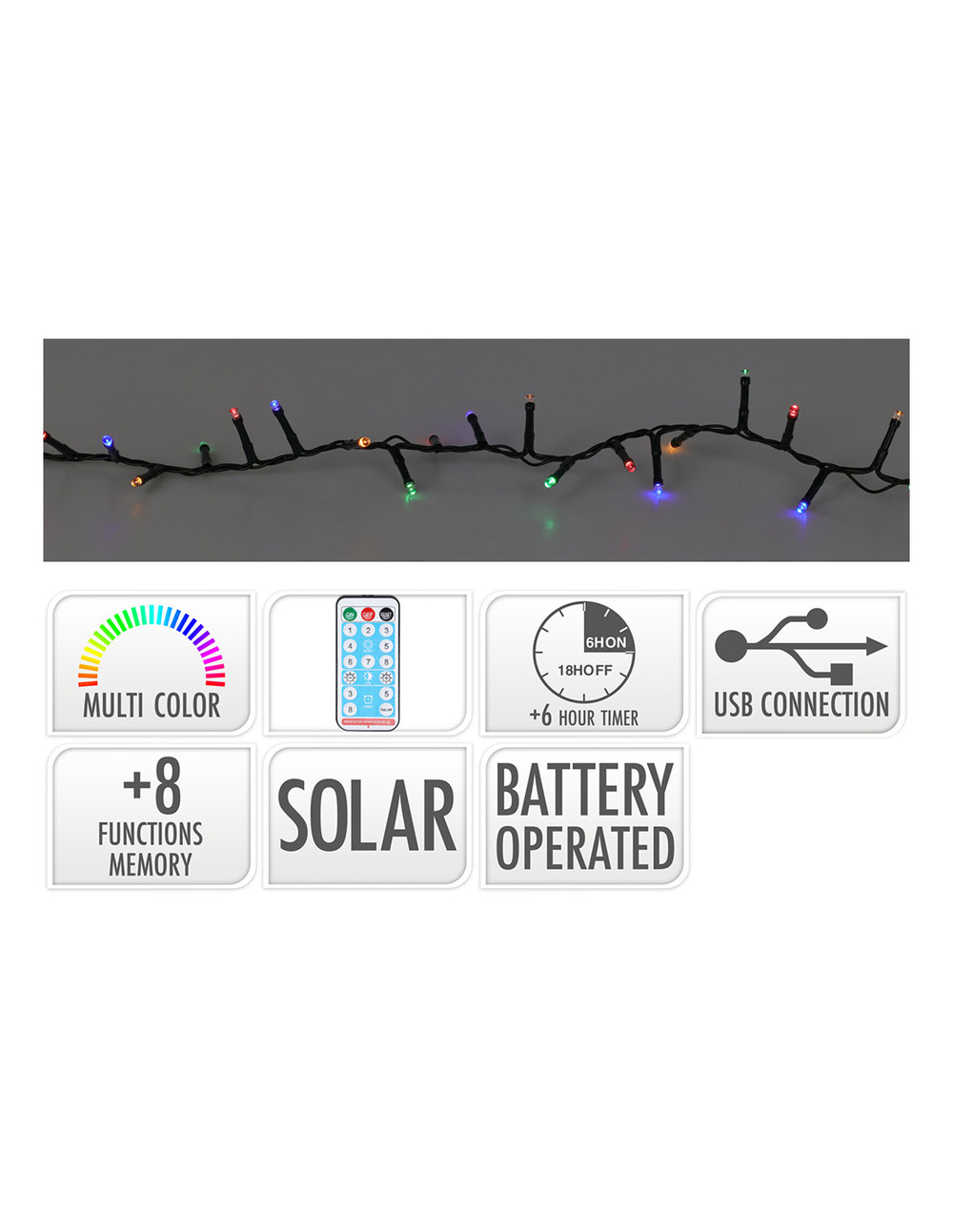 Guirlande led 8 fonctions twinking multicolore, ip44, solaire. Basics