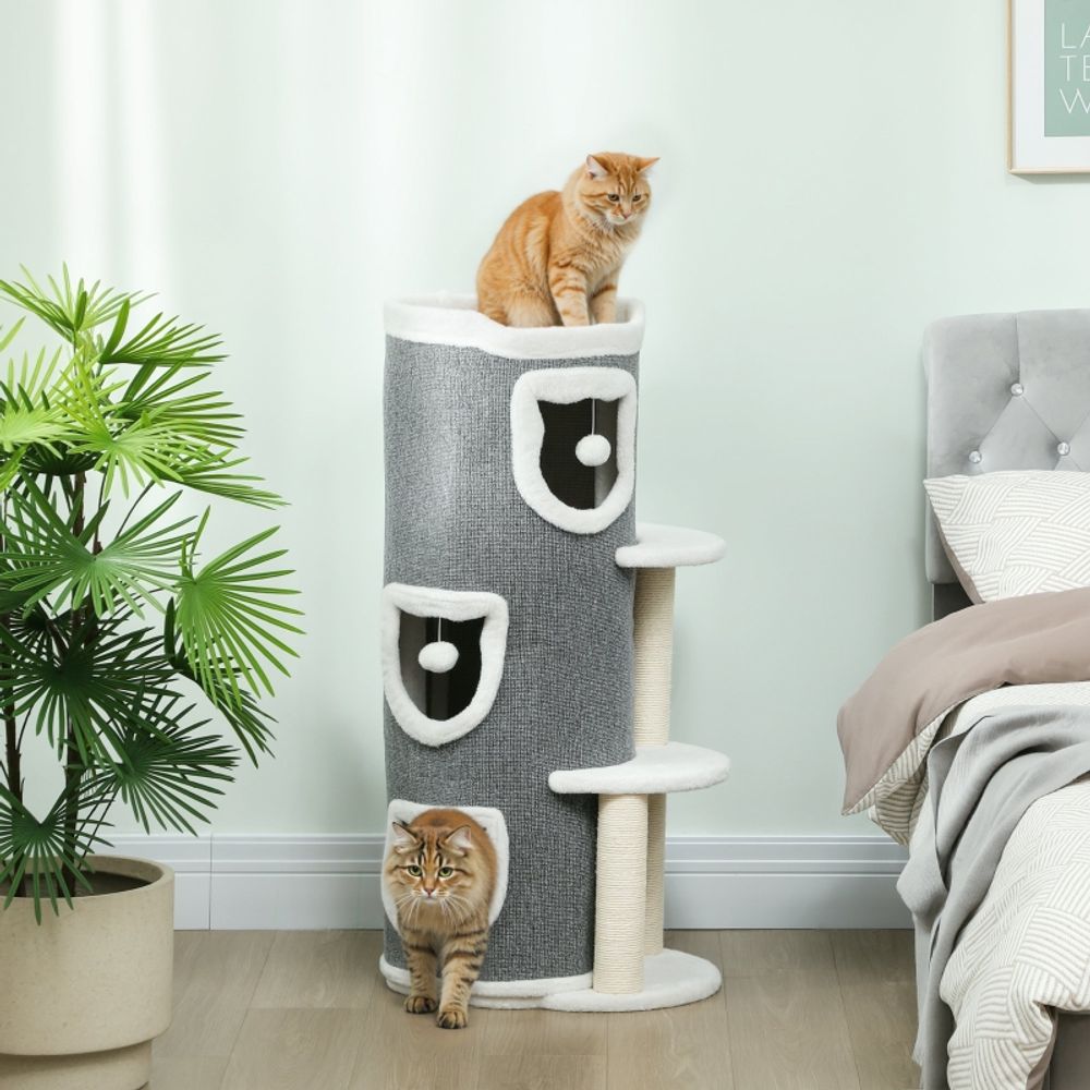 Arbre à chat griffoir sisal 3 niveaux jeux balles design gris 101cm