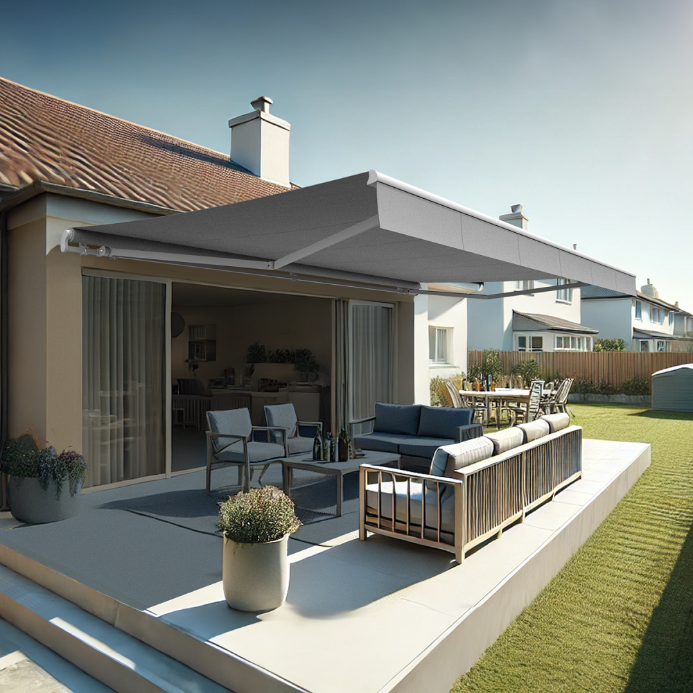 Store banne monobloc alaska (manuelle - gris clair - blanc - 4,20 x 3,50m)