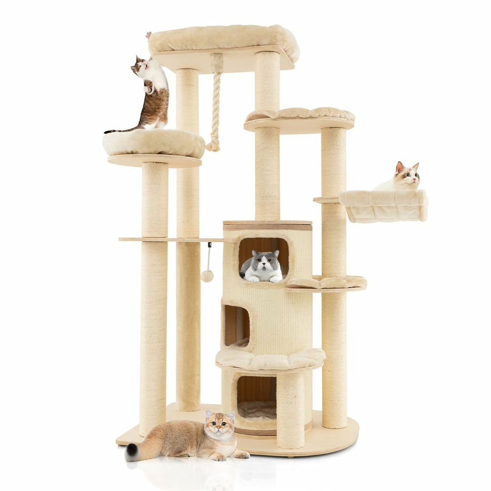 Arbre à chat 173 cm 3 condos 2 perchoirs hamac tour à chat griffoir poteaux sisal boule à ressort beige