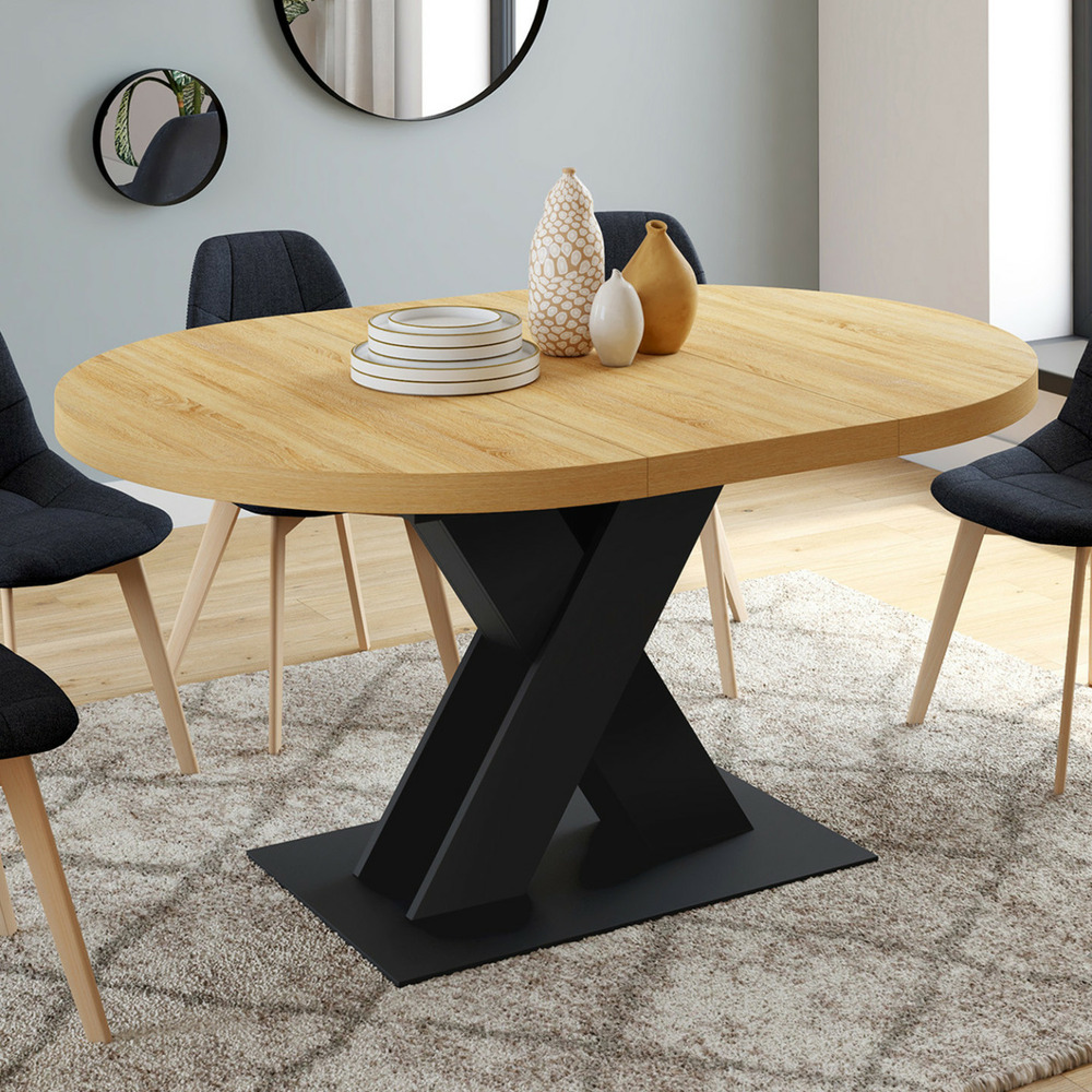 Table à manger extensible ronde alicia 4-8 personnes bois et noir 110 - 150 cm