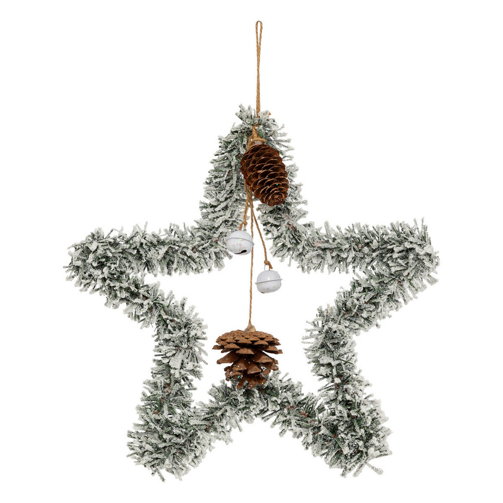 Suspension de noël forme etoile vert givré et pommes de pin h 27 cm