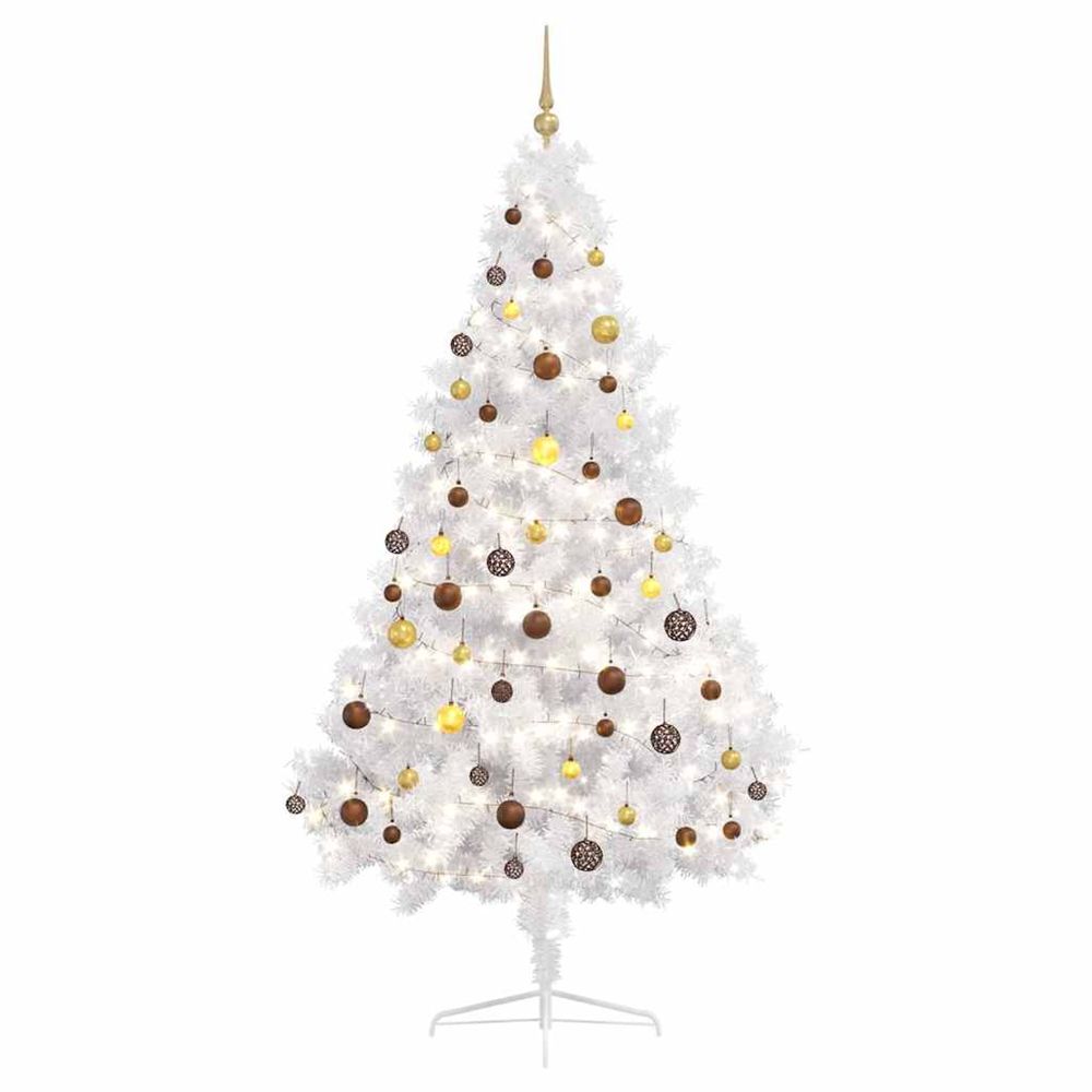 Demi-arbre de noël artificiel pré-éclairé et boules blanc 210cm
