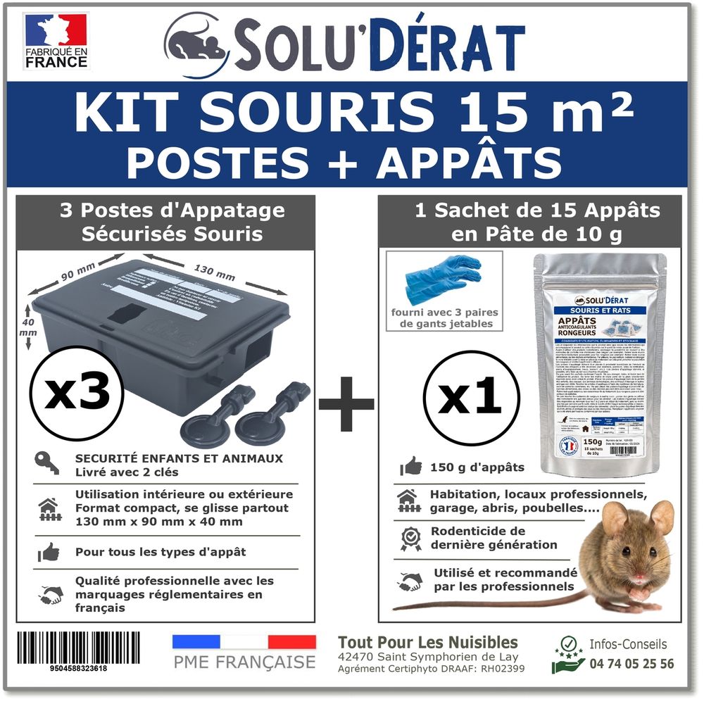 SOLU'DERAT - Kit souris 15 m² avec 3 postes d'appâtage sécurisés et 1 sachet de 150g d'appât en pâte