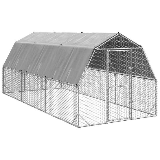 Enclos poulailler 15 m² acier galvanisé avec toit de protection pour jardin argent