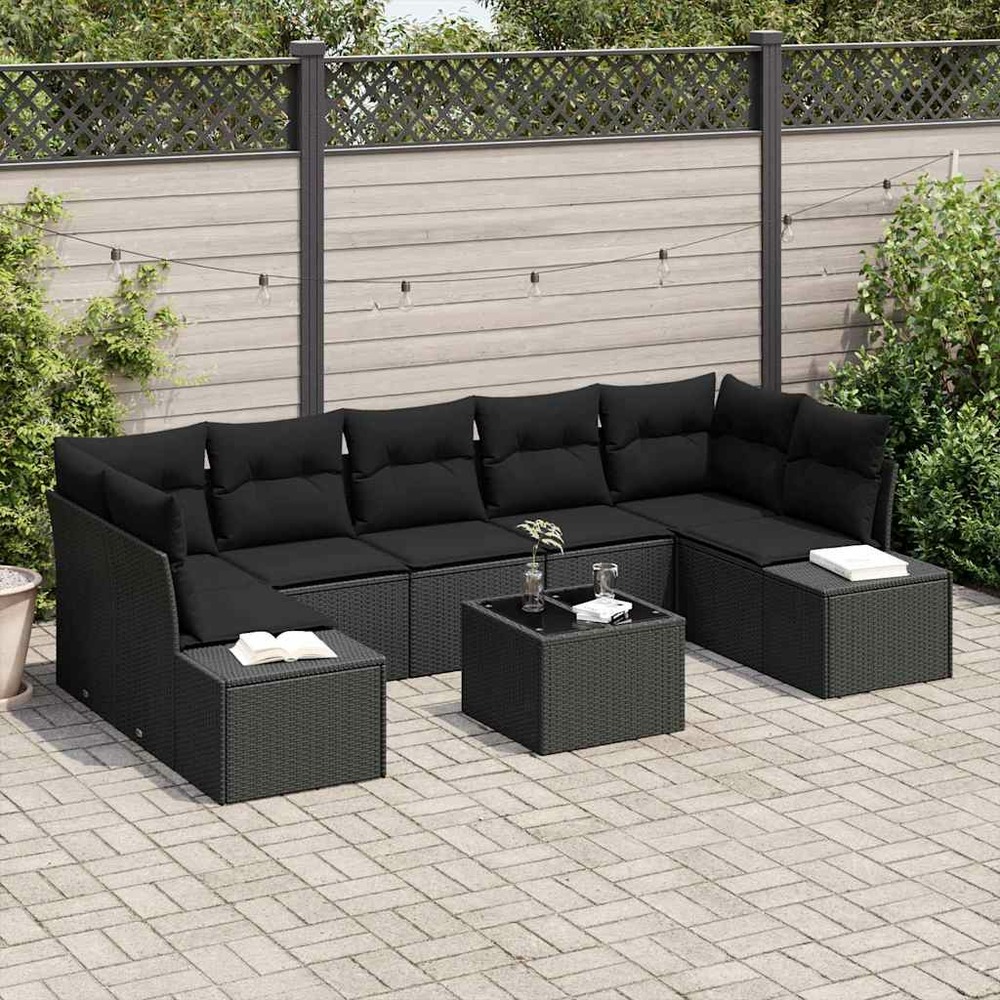 Ensemble de canapé de jardin avec coussin 8 pcs noir polyrotin