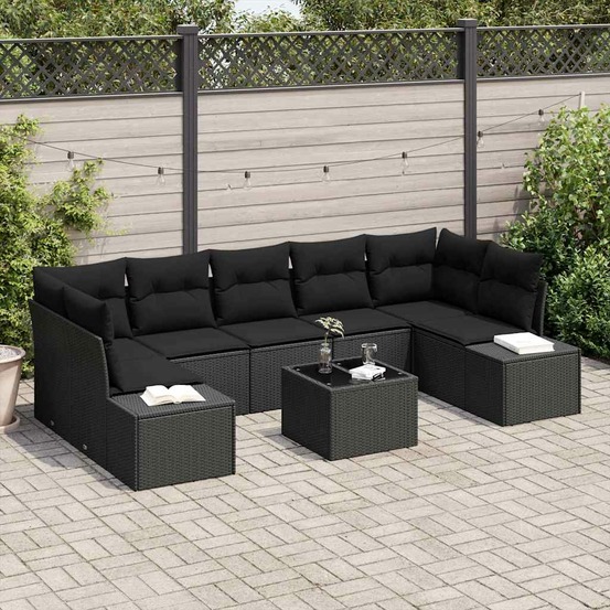 Ensemble de canapé de jardin avec coussin 8 pcs noir polyrotin