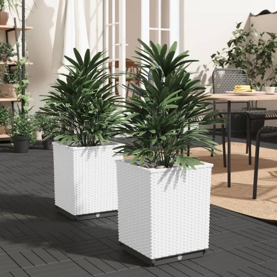 Lot de 2 pots de fleurs cubiques polypropylène aspect rotin pour décoration symétrique jardin blanc 30 cm