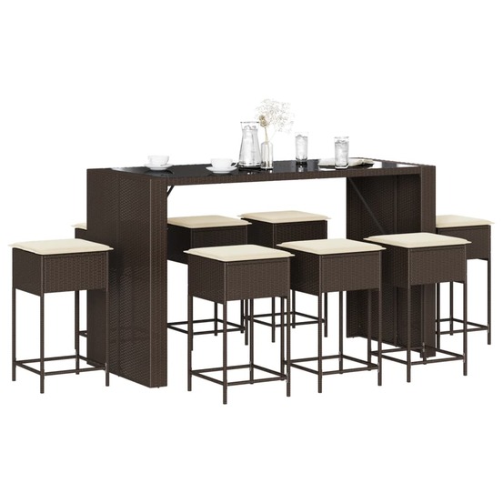 Ensemble de bar de jardin 9 pcs avec coussins marron poly rotin