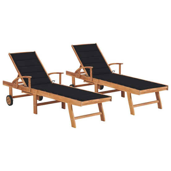 Chaises longues lot de 2 avec coussin noir bois de teck solide