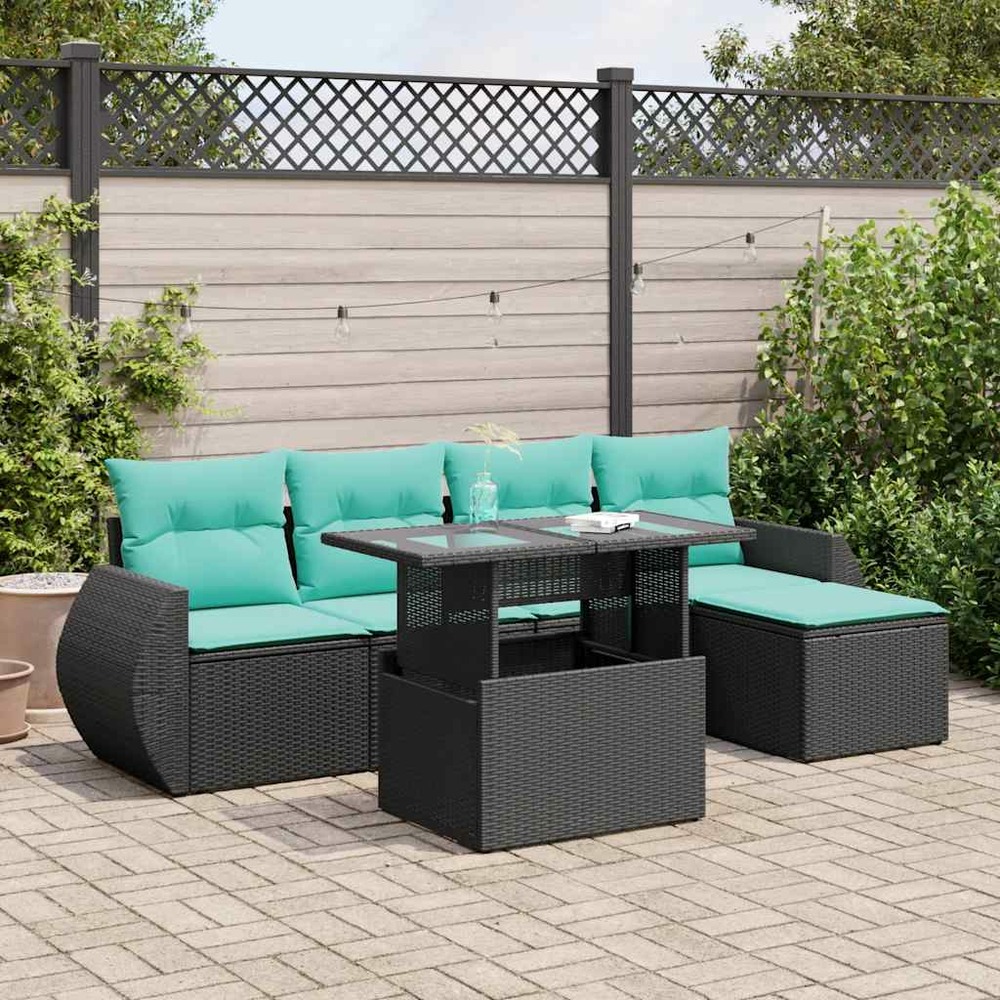 Salon de jardin 6 pcs avec coussins noir résine tressée acacia