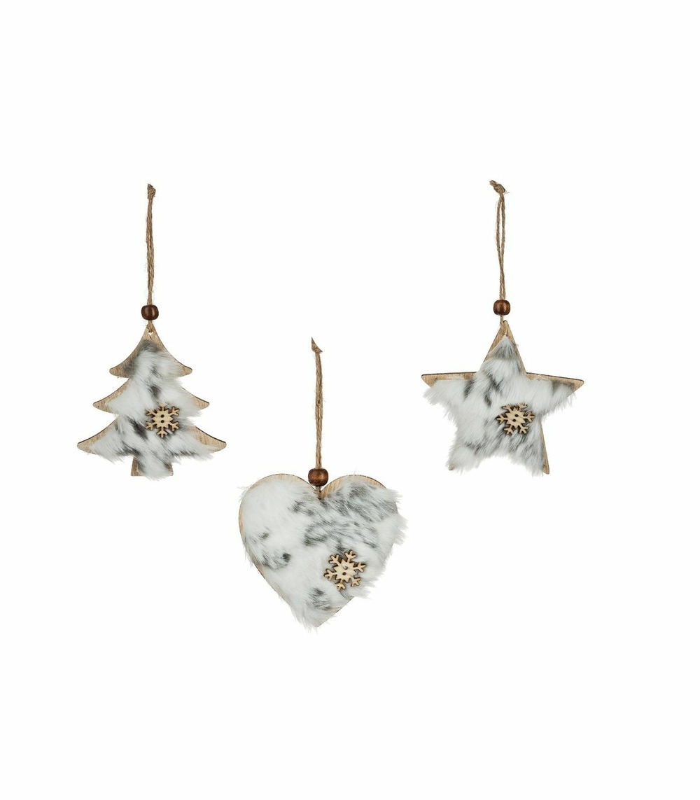 Déco de sapin lot de 3 formes coeur etoile sapin en bois avec fourrure et flocon