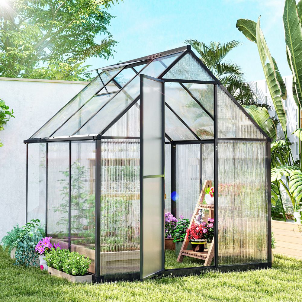 Serre de jardin polycarbonate aluminium 178 x 168 x 195 cm noire avec aération réglable - comfortxl outdoor living
