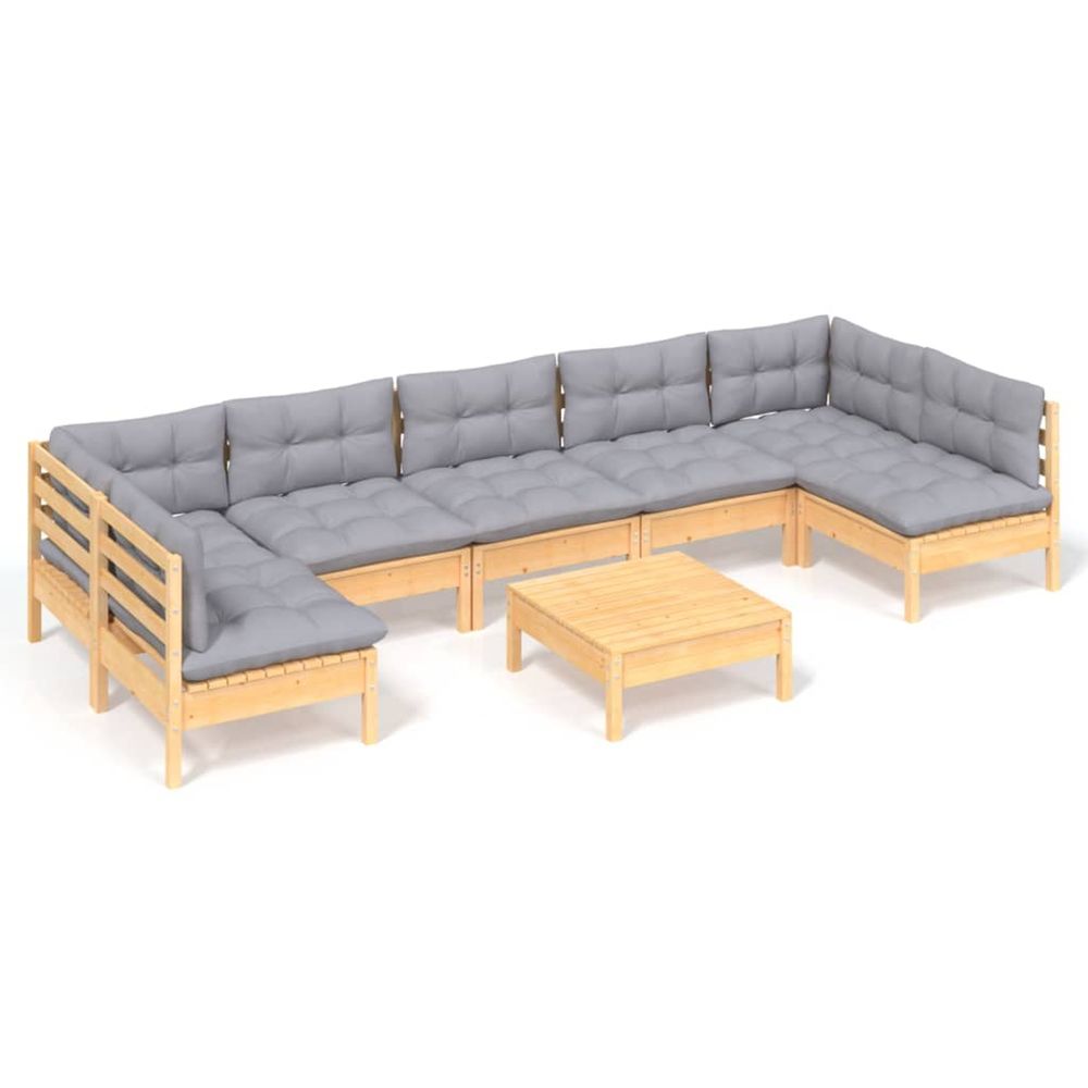 Salon de jardin 8 pcs avec coussins gris bois de pin massif