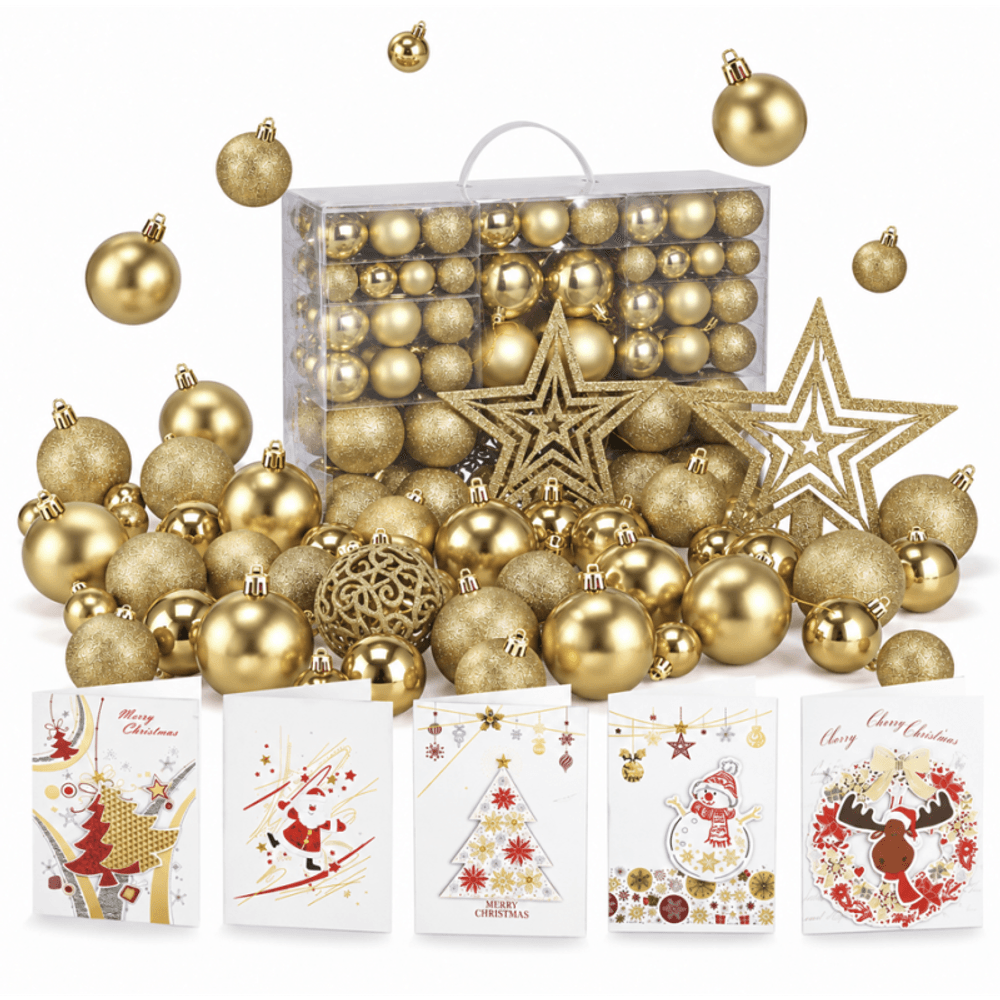 Boules de noël dorées,coffret 127 boules et étoile de sapin, diamètres 3, 4 et 6 cm