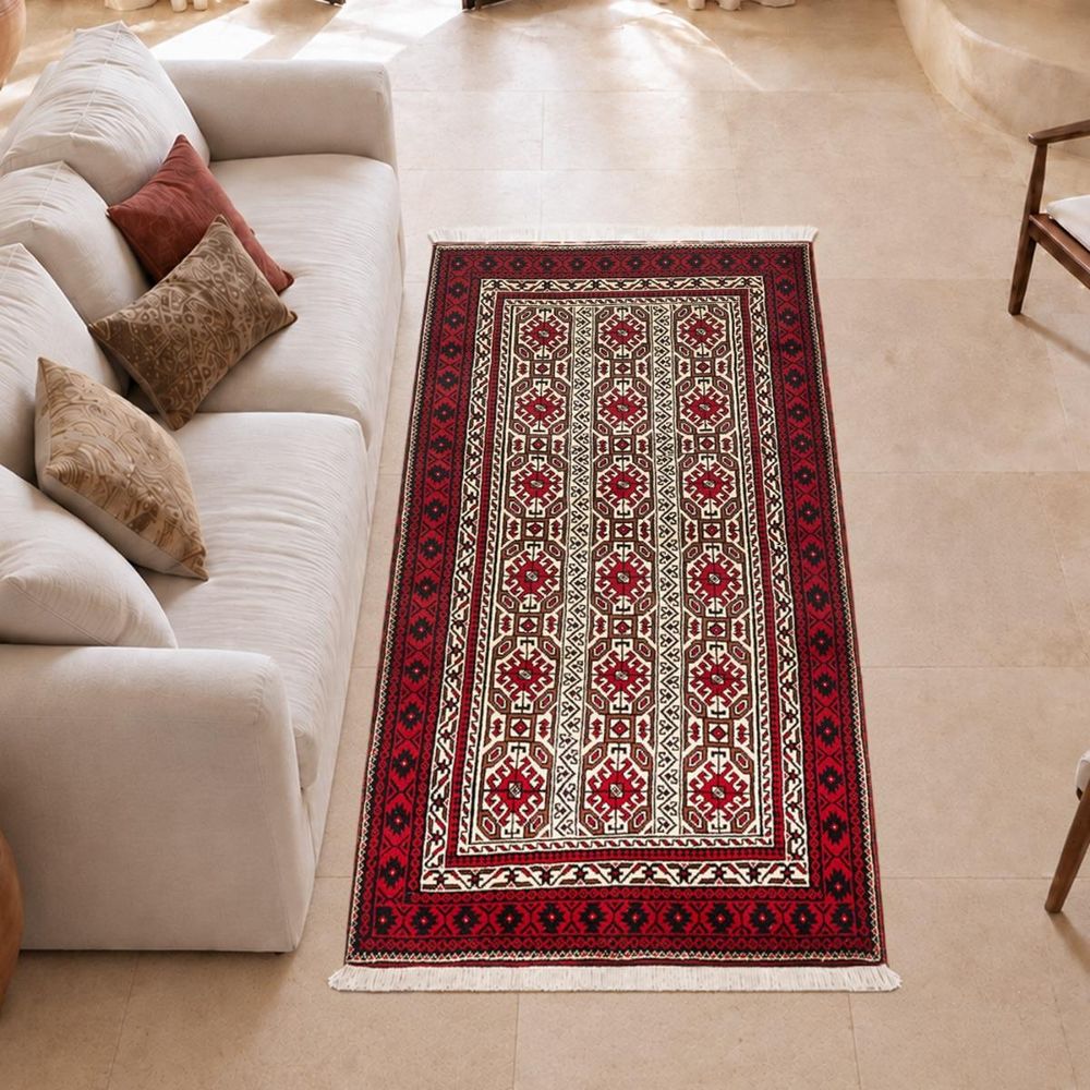 Tapis d'orient, 98 x 185 cm, rouge, beige, marron, laine naturelle, balutsch 5