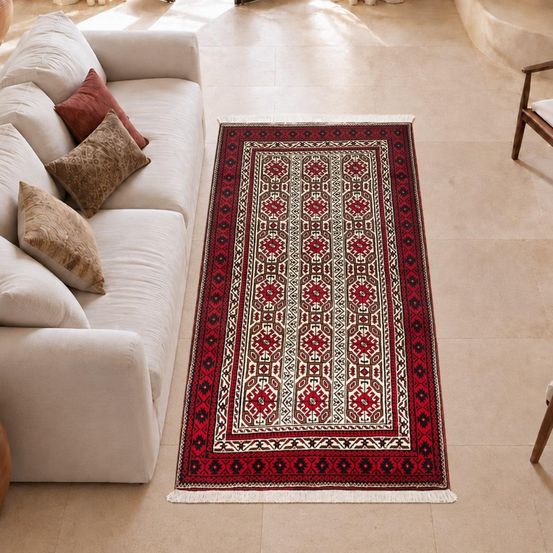 Tapis d'orient, 98 x 185 cm, rouge, beige, marron, laine naturelle, balutsch 5
