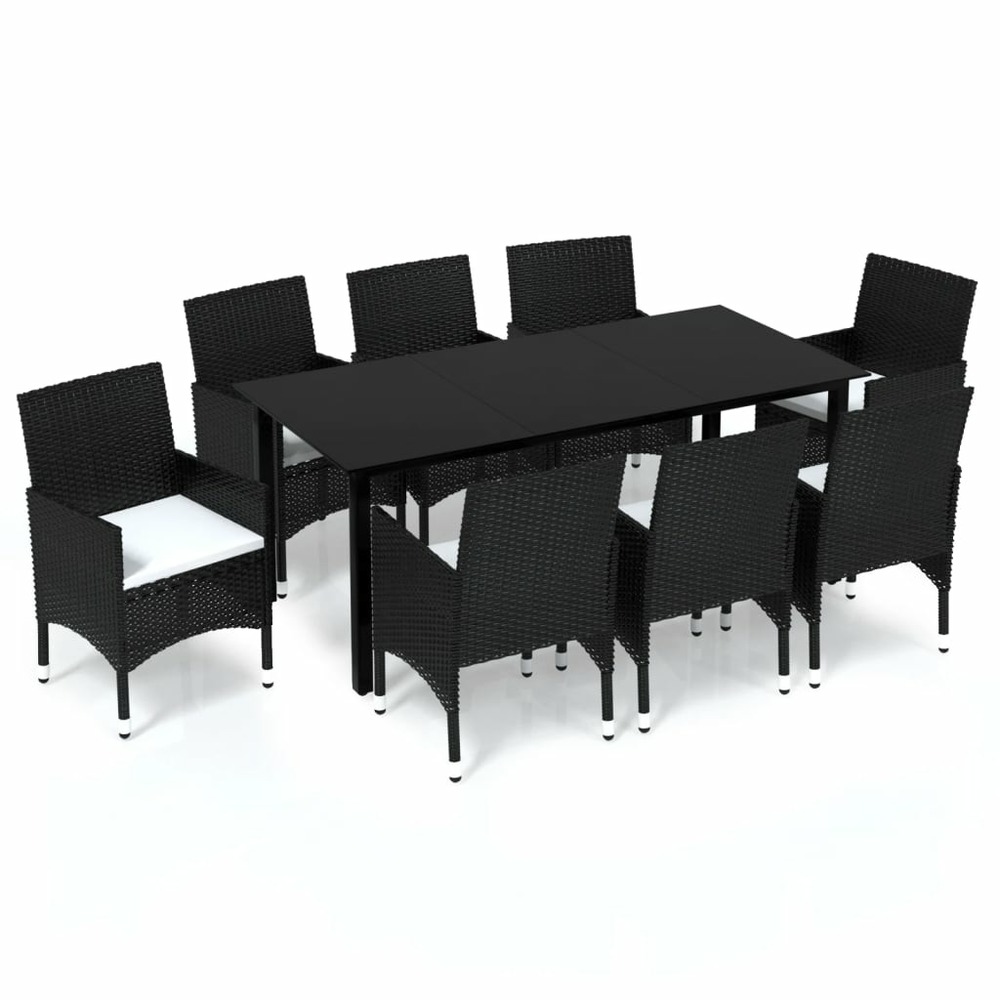 Ensemble à manger de jardin coussins 9pcs résine tressée noir