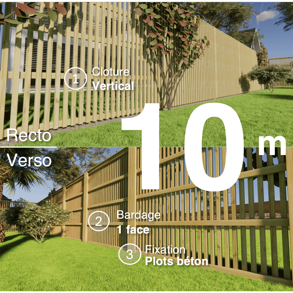 Kit clôture bois moderne 10m – h 2,3m – 45 x 45 mm autoclave – pose vertical – simple face – à sceller