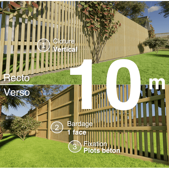 Kit clôture bois moderne 10m – h 2,3m – 45 x 45 mm autoclave – pose vertical – simple face – à sceller