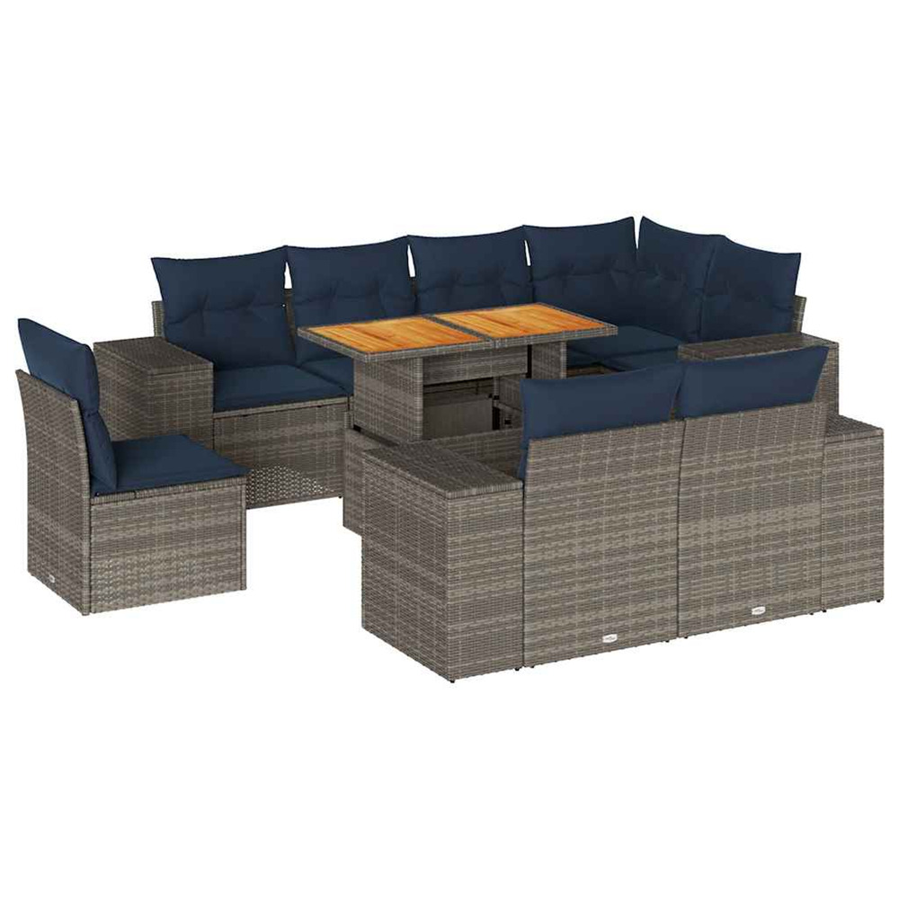 Salon de jardin 9 pcs avec coussins gris résine tressée