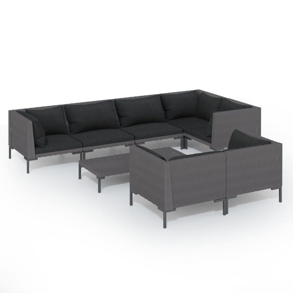 Salon de jardin 8 pcs avec coussins résine tressée gris foncé