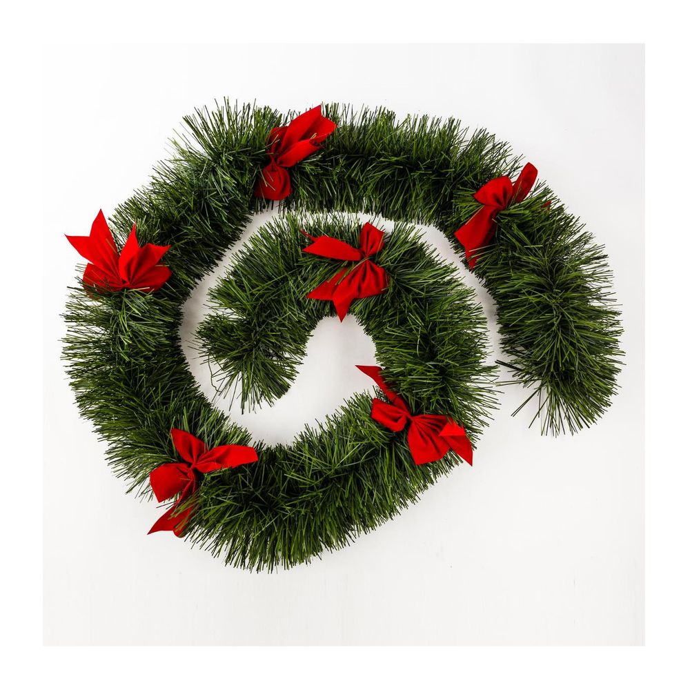 Guirlande de noël boa large 20 cm vert avec noeuds rouge longueur 2.7 mètres