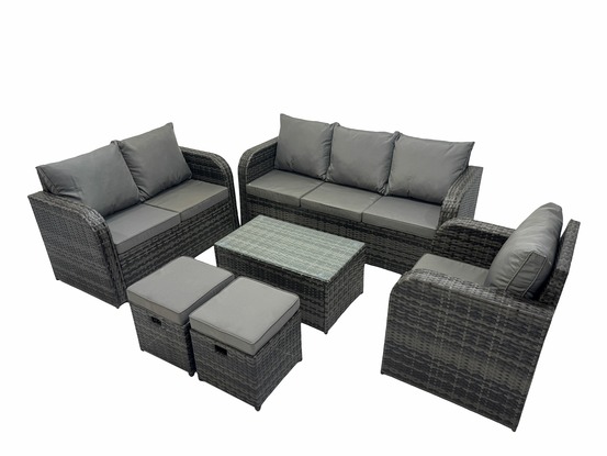 Ensemble de meubles de jardin en polyrotin 6 pièces avec table basse rectangulaire canapé d'amour 2 petits tabourets