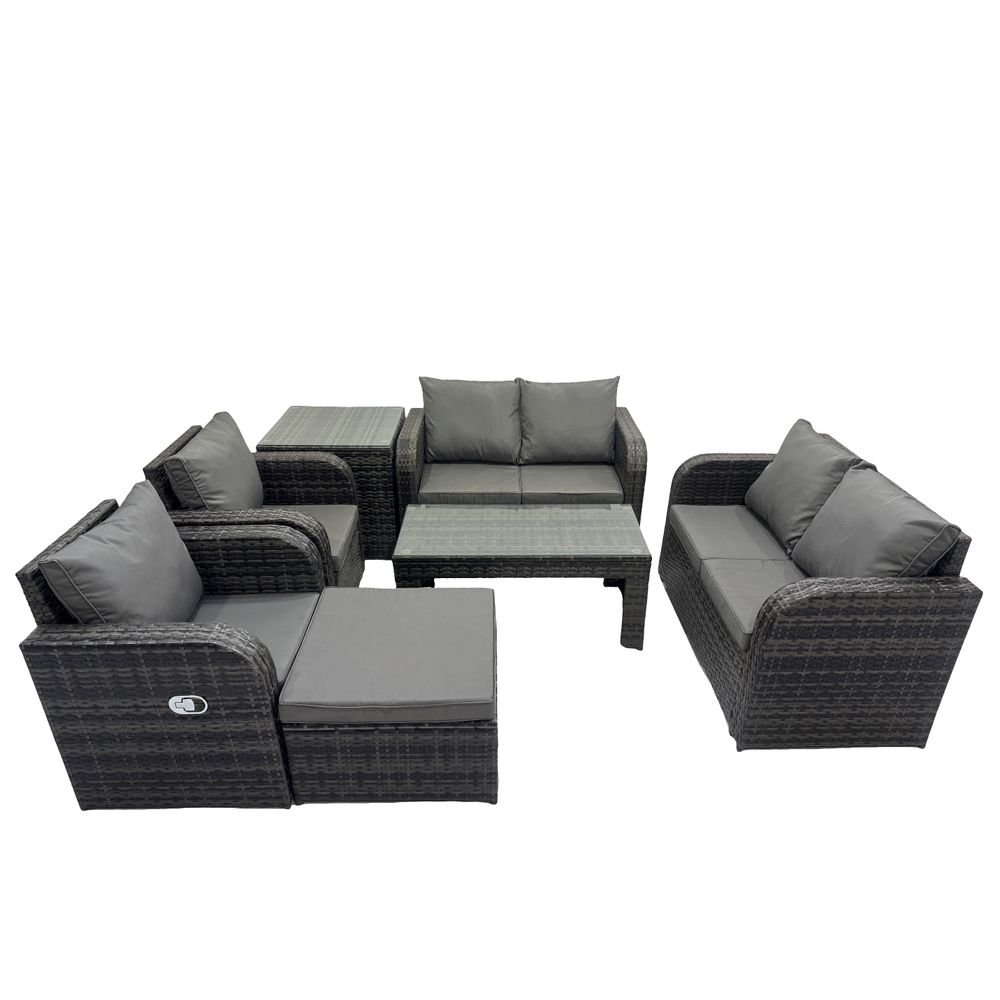 Salon de jardin avec table basse rectangulaire table d'appoint grand tabouret 7 places ensemble de canapés en rotin