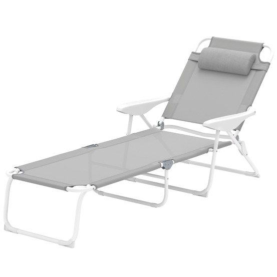 Transat pliable avec appui-tête et dossier réglable 4 positions, pour jardin et plage, gris clair