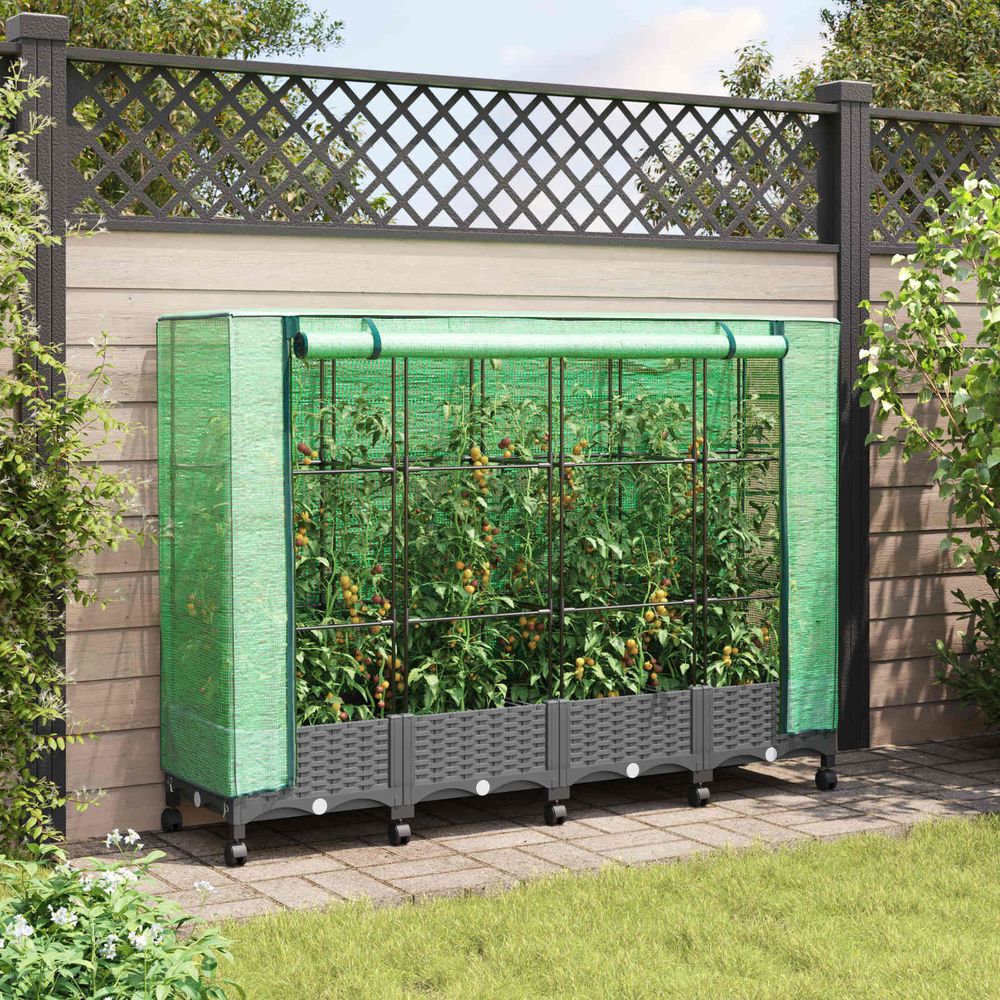 Lot 4 jardinières avec serre polypropylène terrasse protection hivernage 160x40x129 gris clair