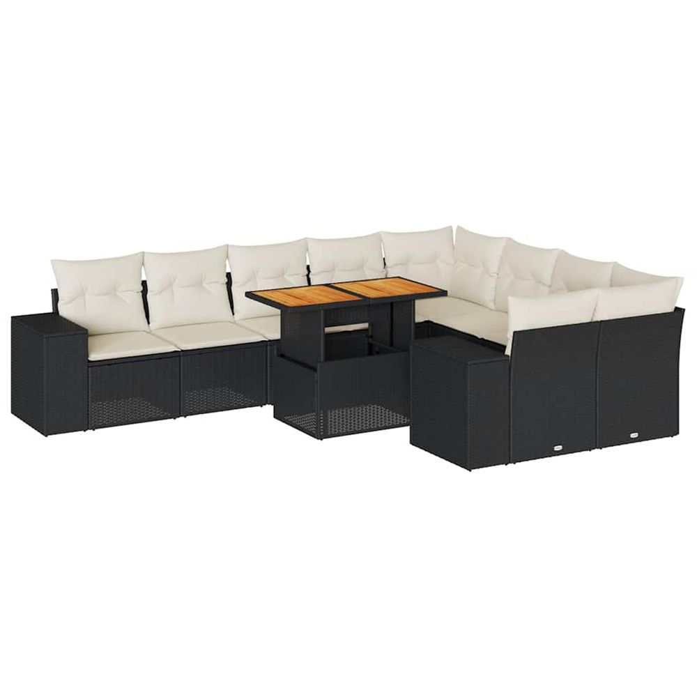 Salon de jardin 10 pcs avec coussins noir résine tressée acacia