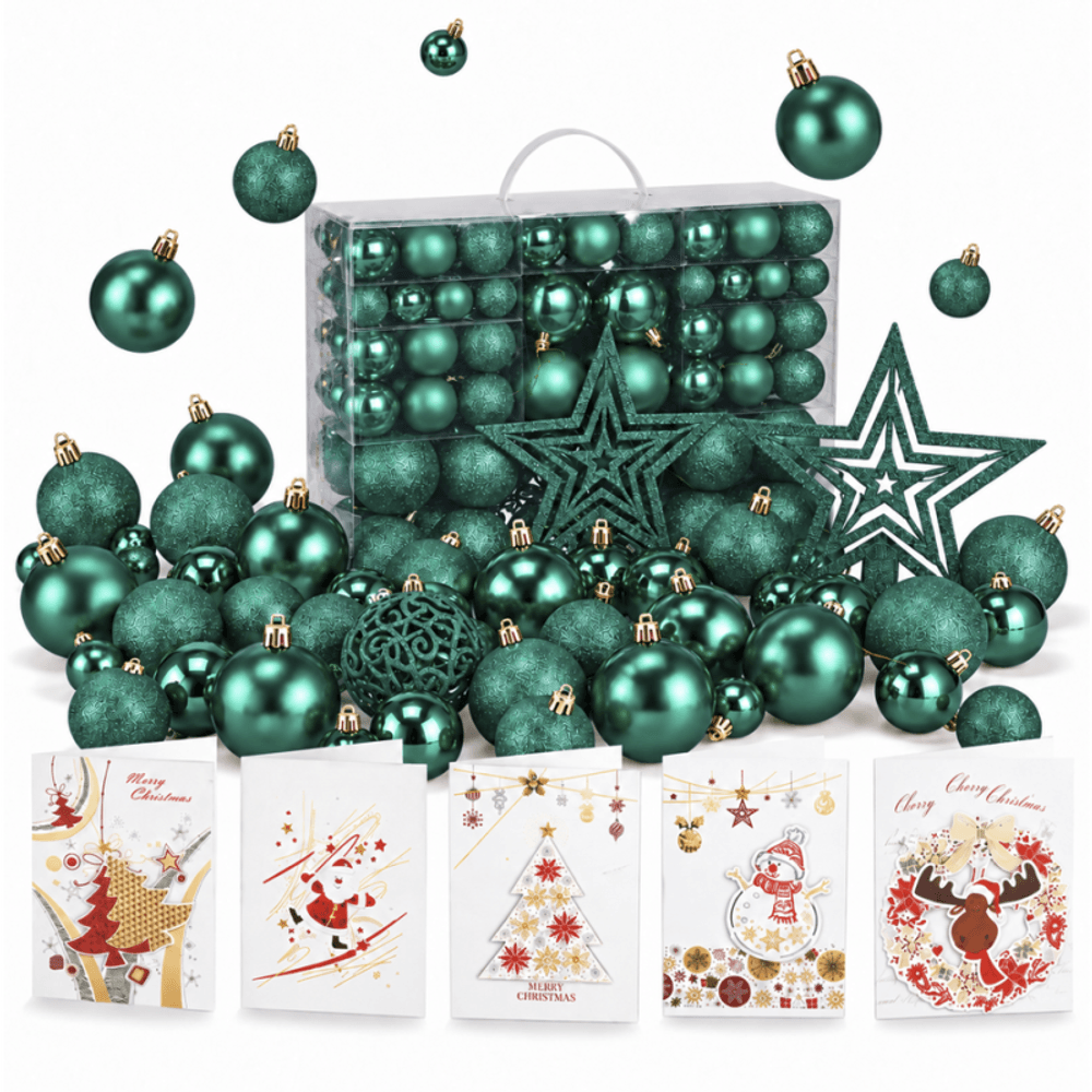 Boules de noël vertes, coffret 127 boules et étoile de sapin, diamètres 3, 4 et 6 cm