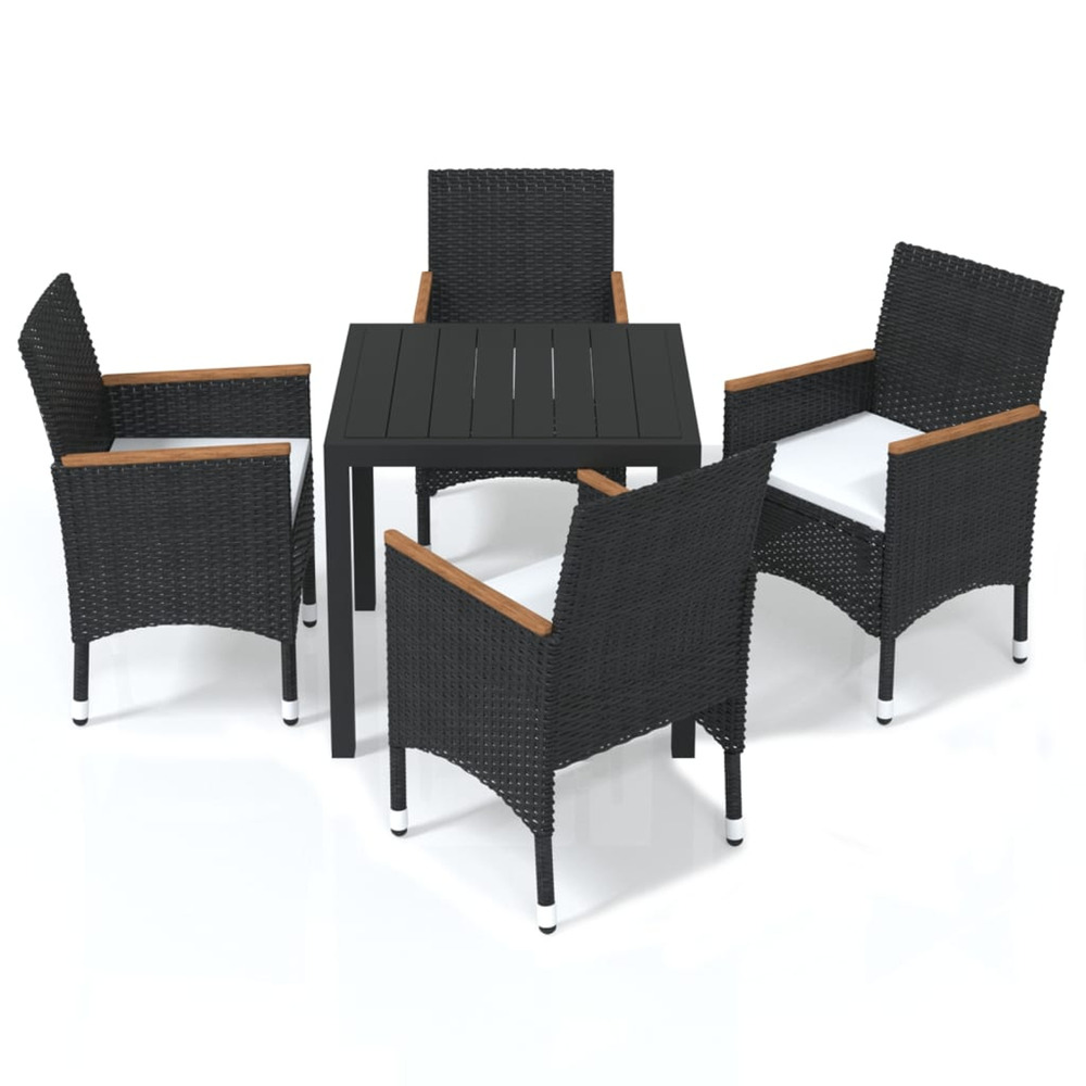 Ensemble à dîner de jardin avec coussins 5 pcs poly rotin noir