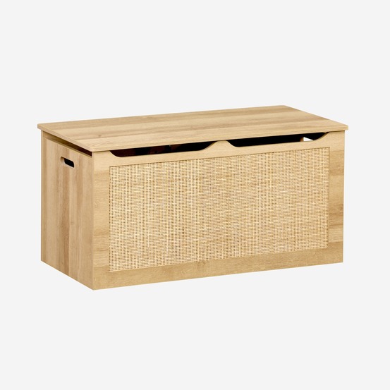 Coffre à jouets décor bois cannage, couvercle, poignées latérales pour chambre enfant
